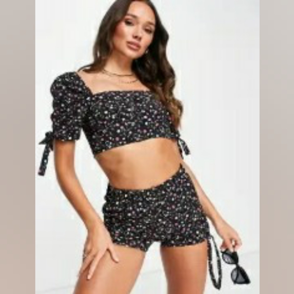 The Frolic Tabitha beach short and puff sleeve beach top.